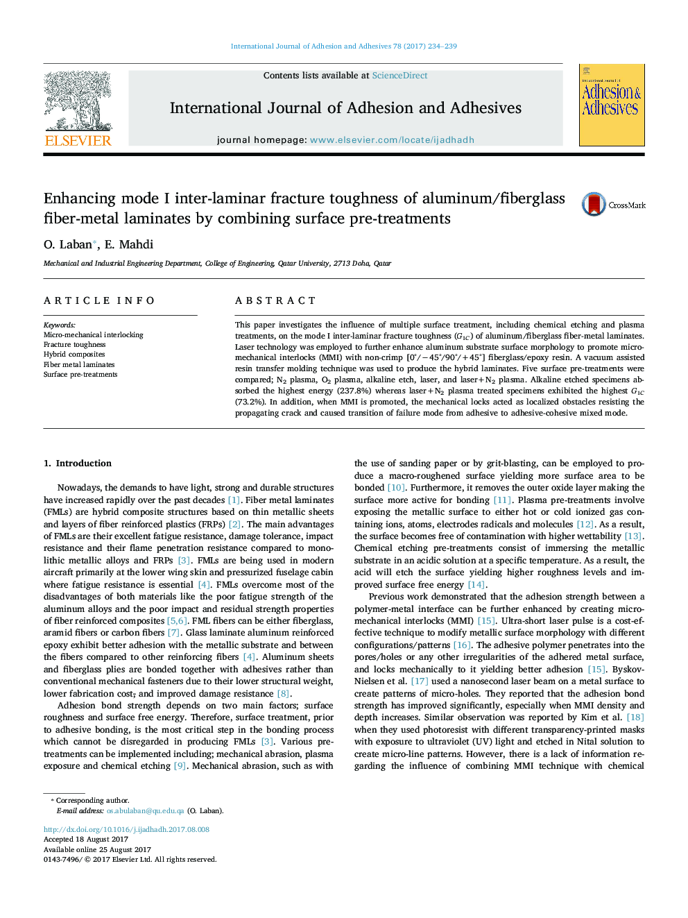 Enhancing mode I inter-laminar fracture toughness of aluminum/fiberglass fiber-metal laminates by combining surface pre-treatments