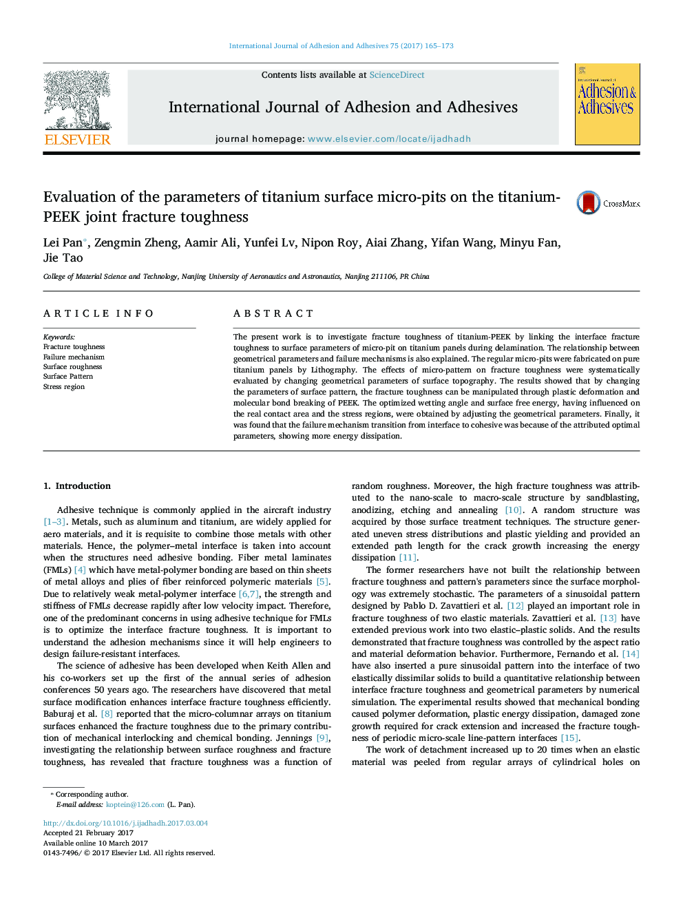 Evaluation of the parameters of titanium surface micro-pits on the titanium-PEEK joint fracture toughness