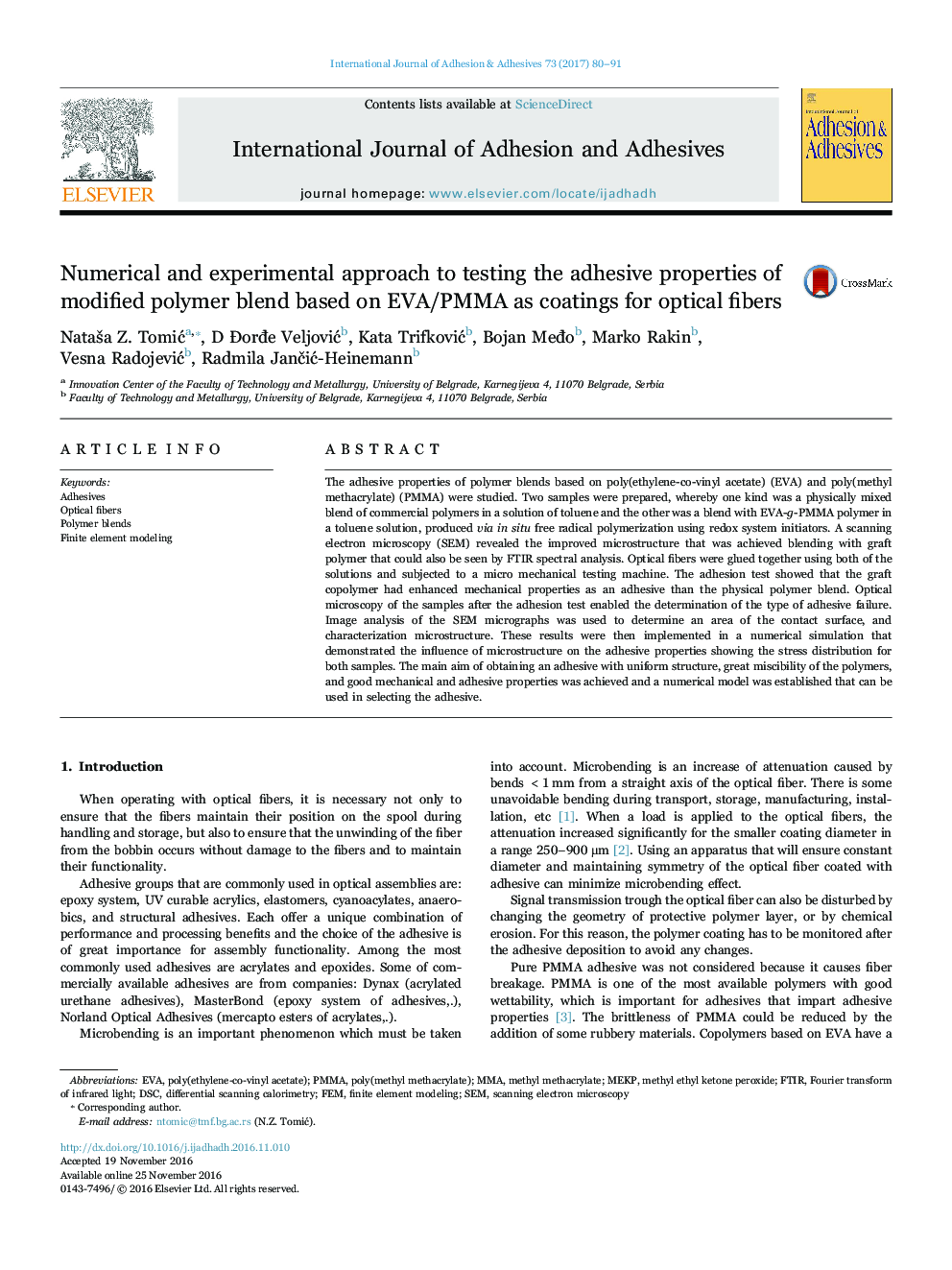 Numerical and experimental approach to testing the adhesive properties of modified polymer blend based on EVA/PMMA as coatings for optical fibers