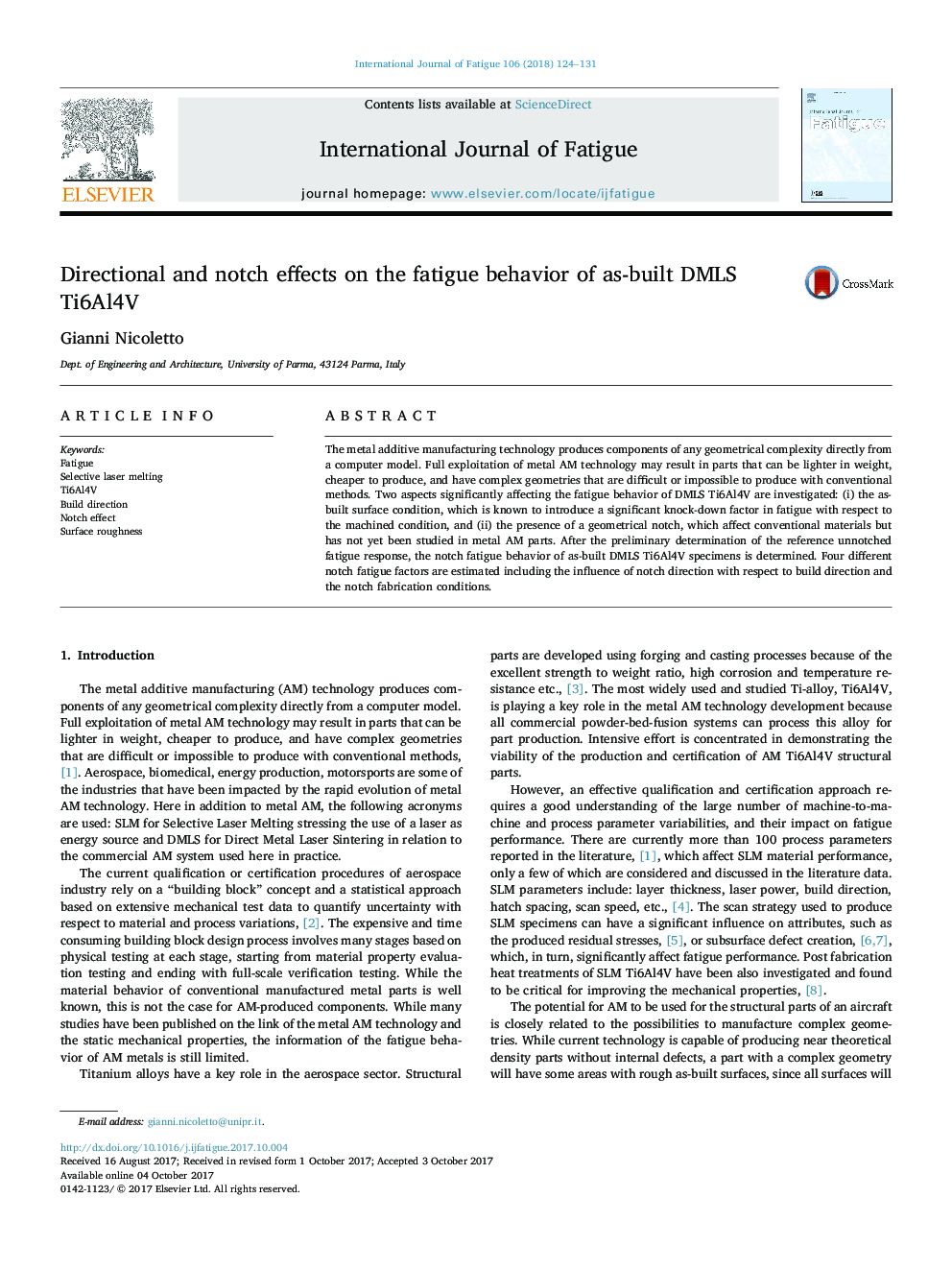 Directional and notch effects on the fatigue behavior of as-built DMLS Ti6Al4V