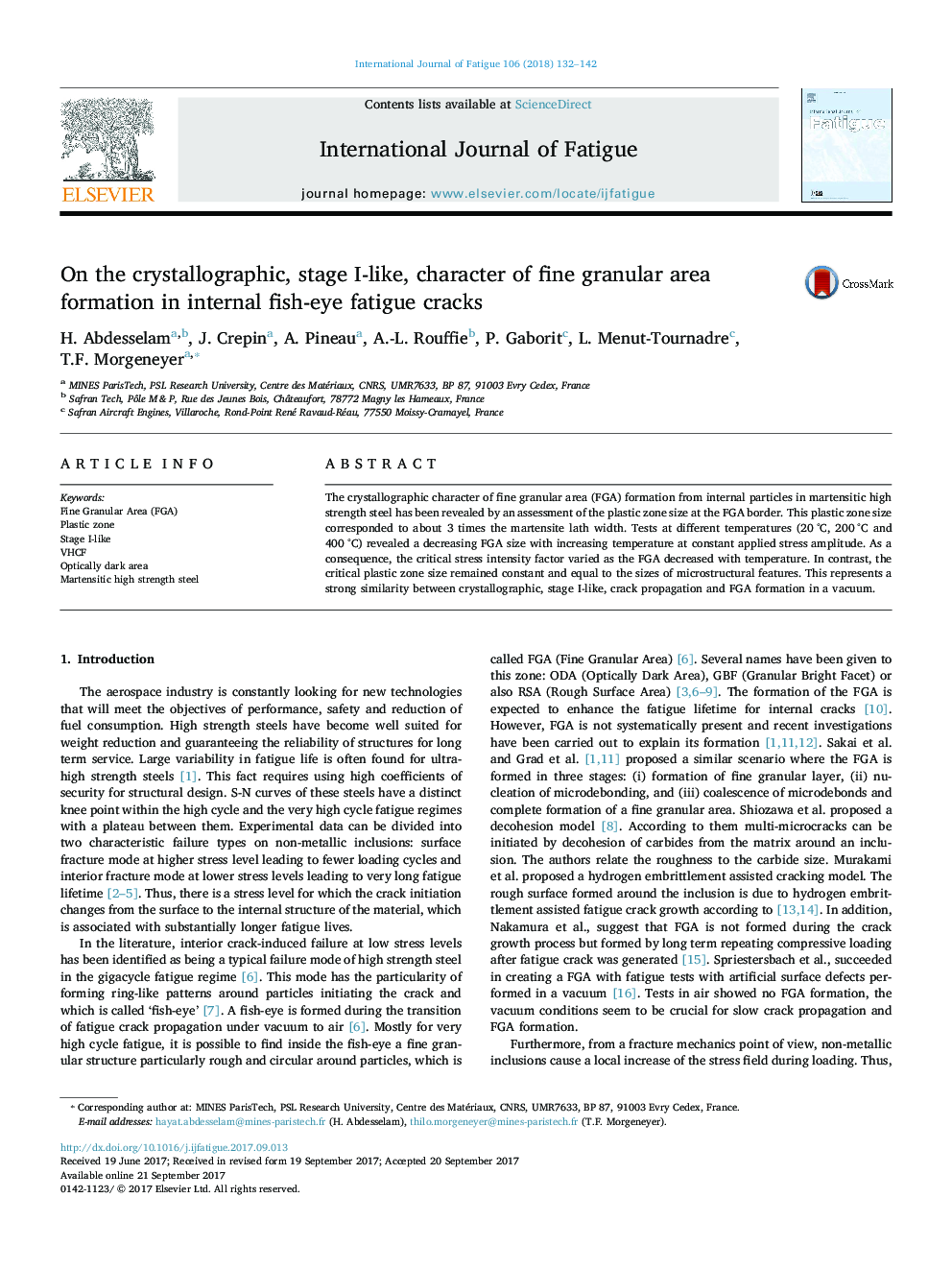 On the crystallographic, stage I-like, character of fine granular area formation in internal fish-eye fatigue cracks