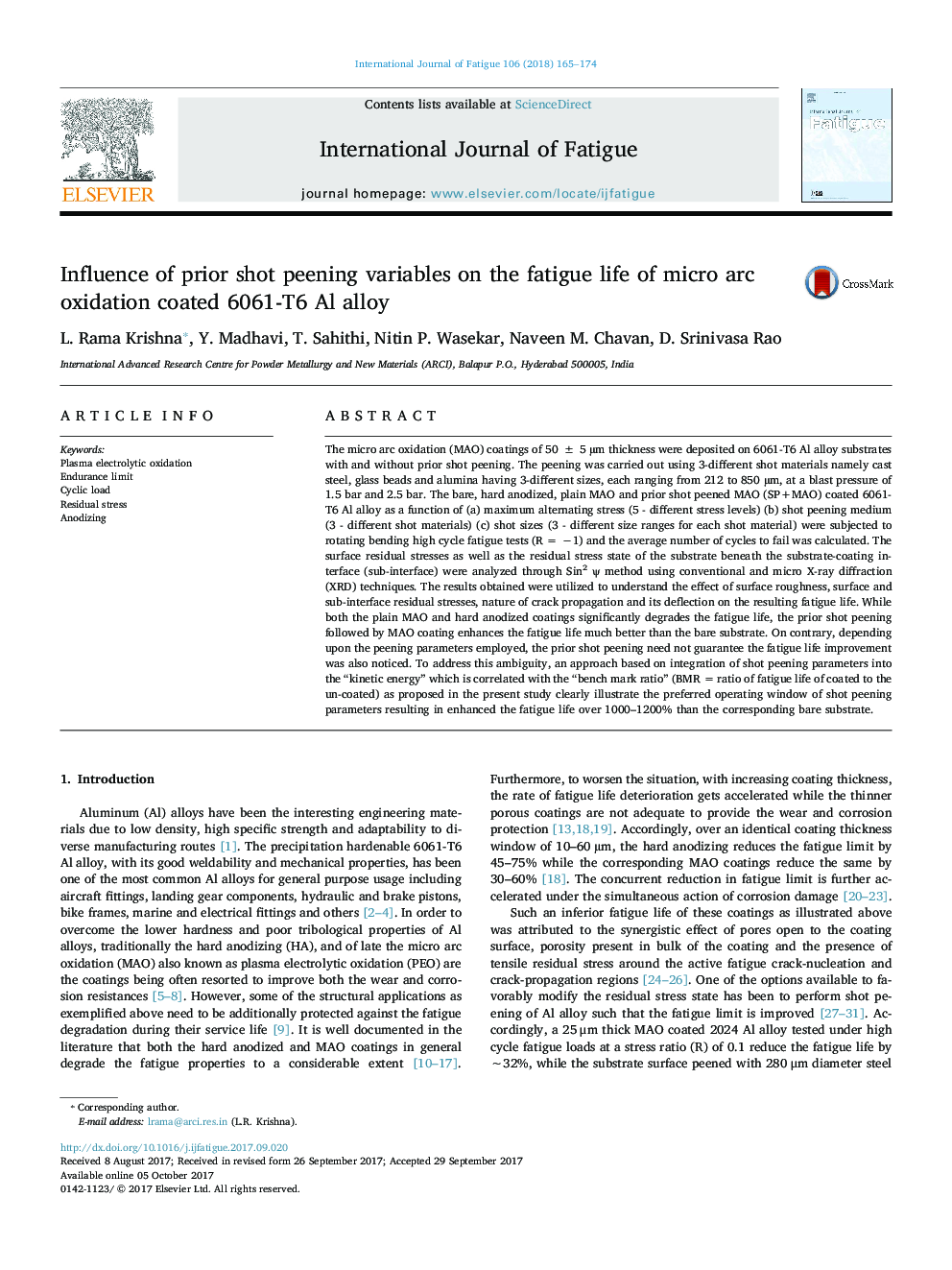 Influence of prior shot peening variables on the fatigue life of micro arc oxidation coated 6061-T6 Al alloy