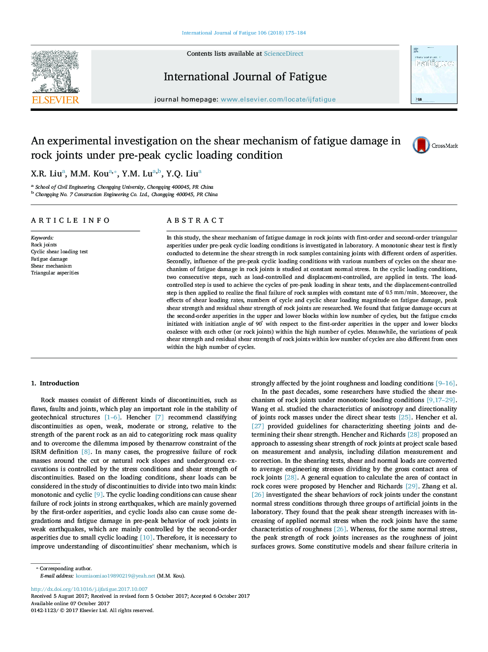 An experimental investigation on the shear mechanism of fatigue damage in rock joints under pre-peak cyclic loading condition