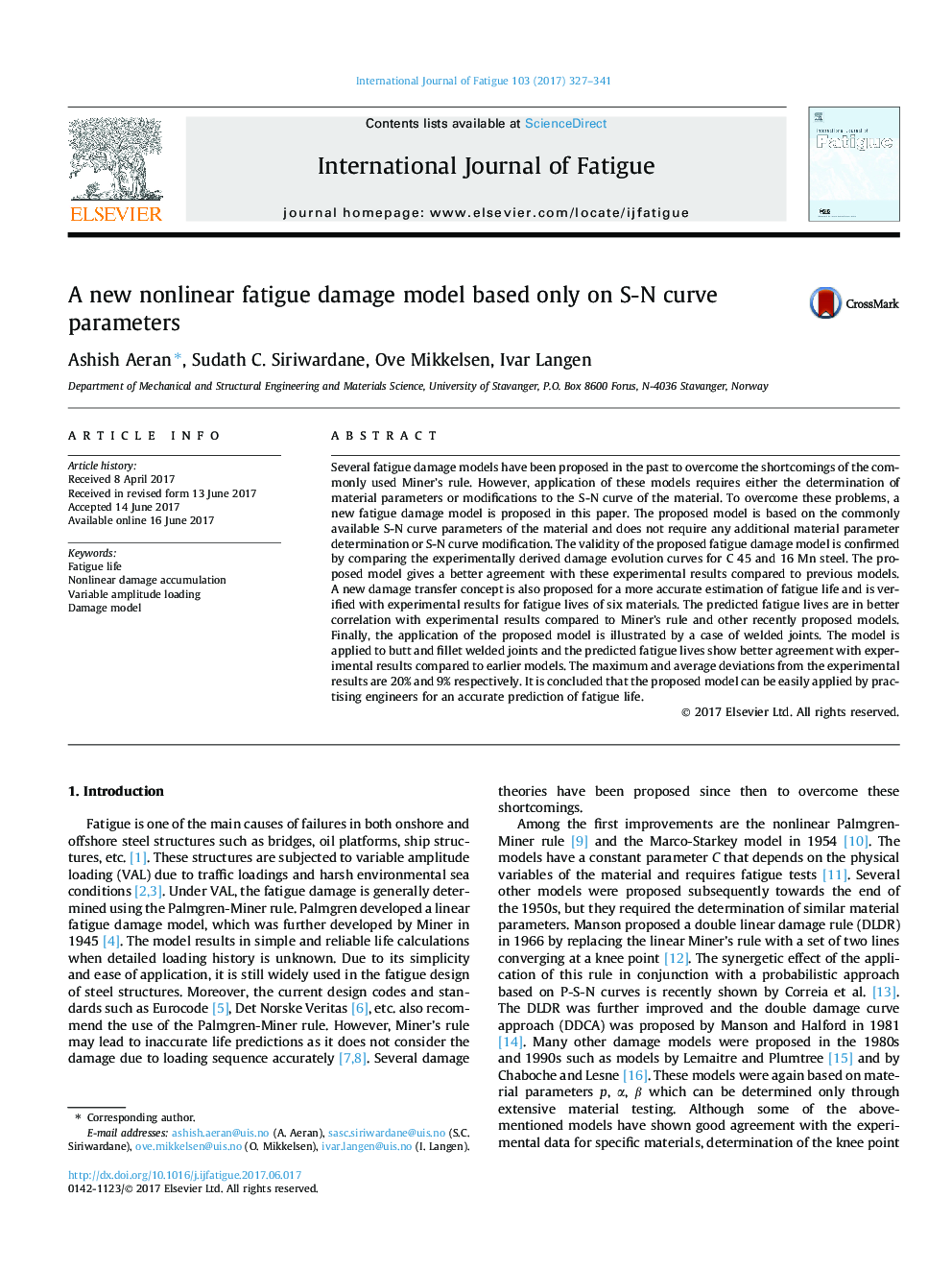 A new nonlinear fatigue damage model based only on S-N curve parameters