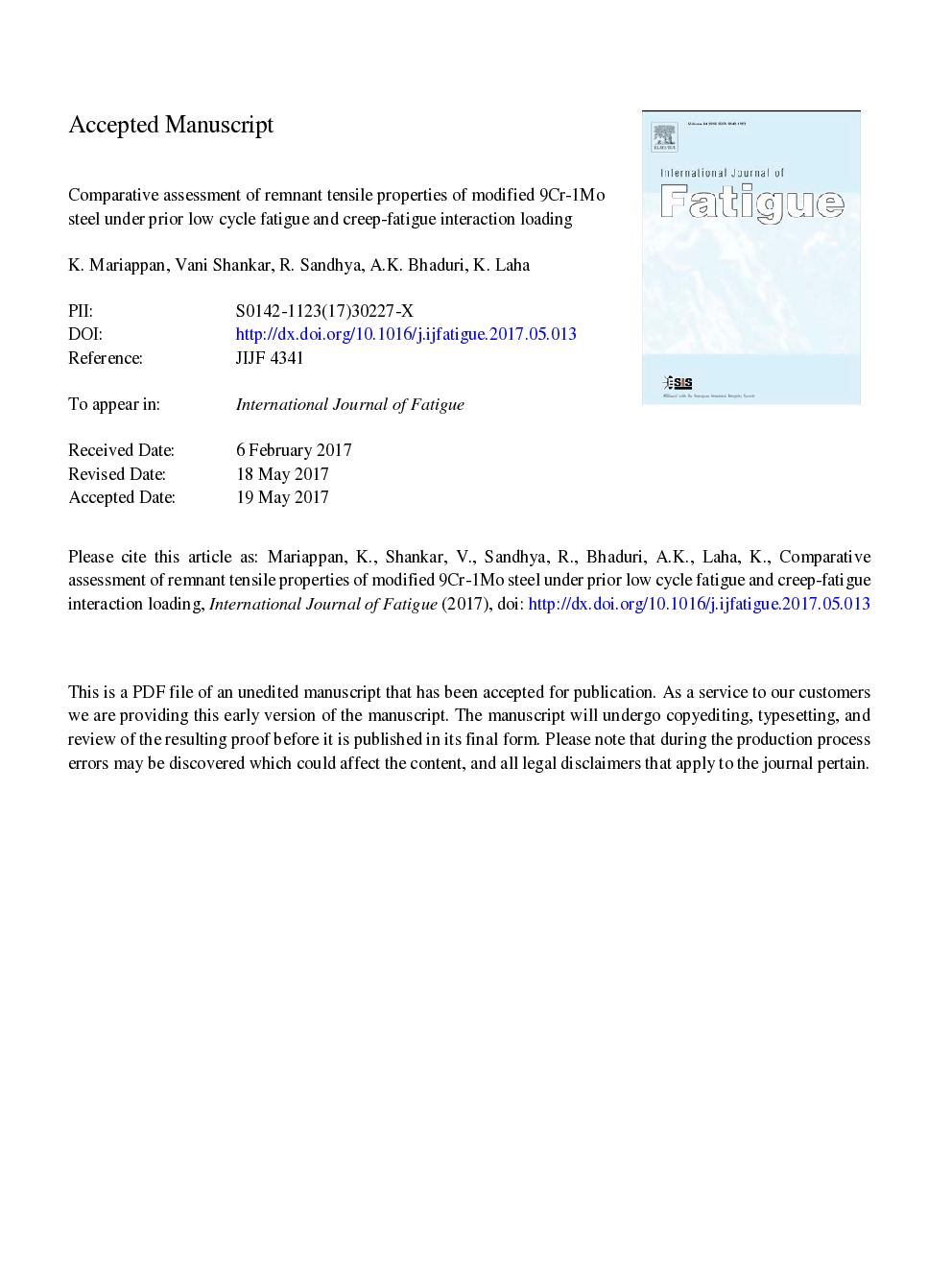 Comparative assessment of remnant tensile properties of modified 9Cr-1Mo steel under prior low cycle fatigue and creep-fatigue interaction loading