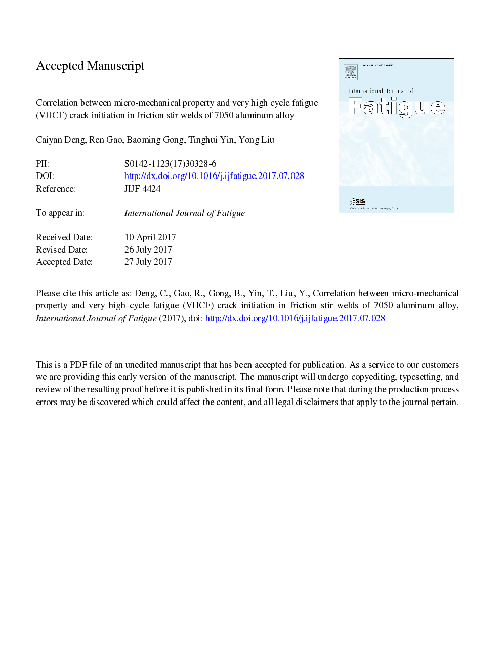 Correlation between micro-mechanical property and very high cycle fatigue (VHCF) crack initiation in friction stir welds of 7050 aluminum alloy