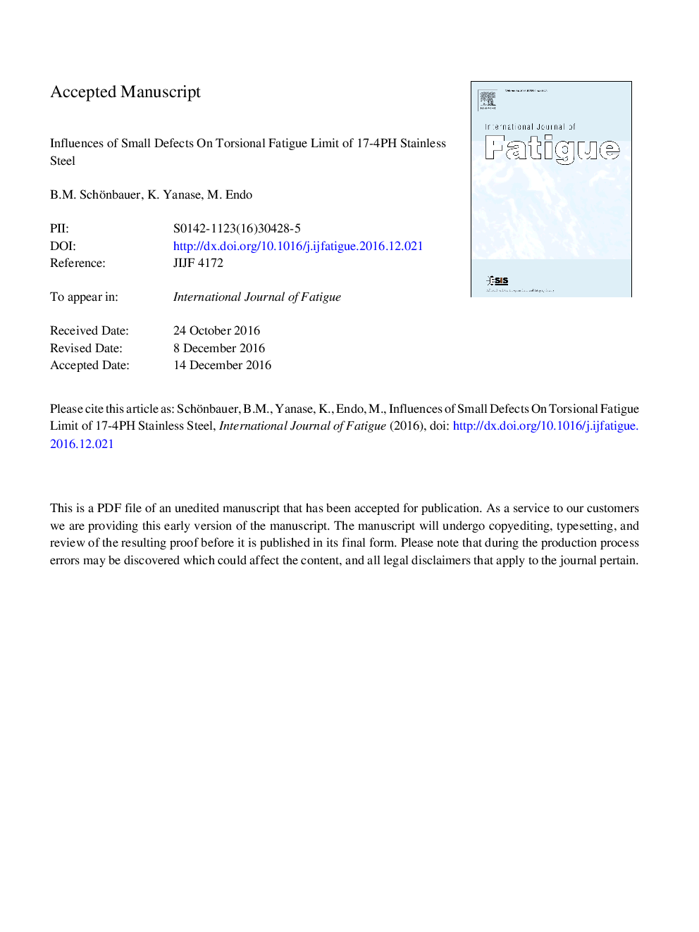 Influences of small defects on torsional fatigue limit of 17-4PH stainless steel