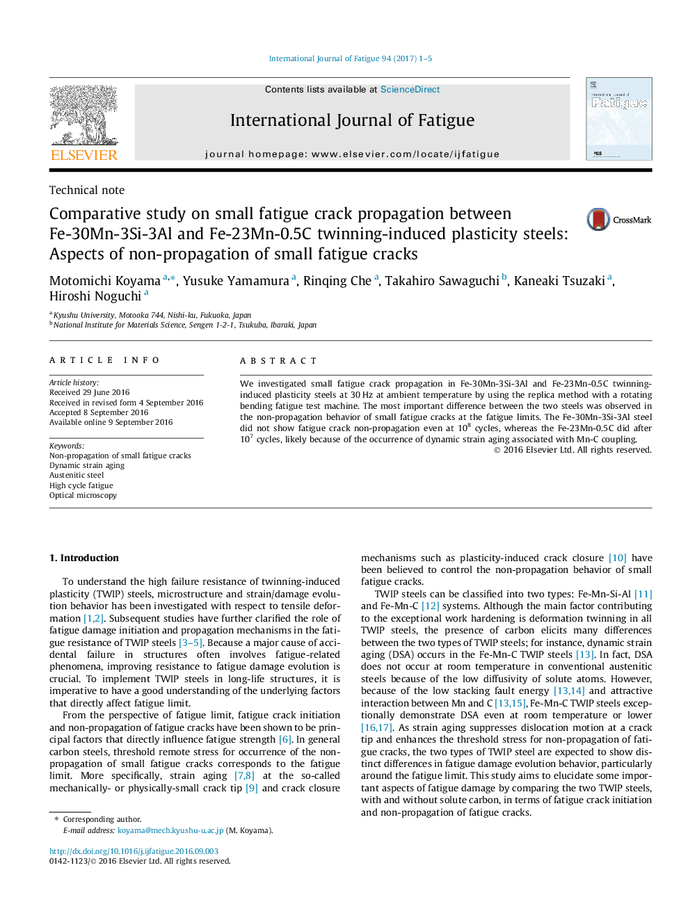 Comparative study on small fatigue crack propagation between Fe-30Mn-3Si-3Al and Fe-23Mn-0.5C twinning-induced plasticity steels: Aspects of non-propagation of small fatigue cracks