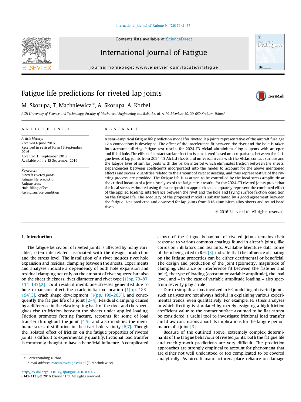 Fatigue life predictions for riveted lap joints