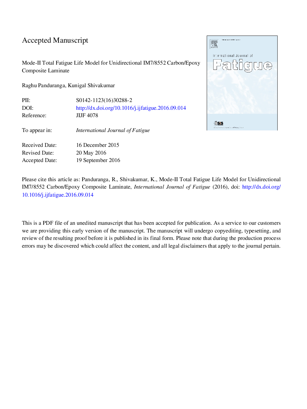 Mode-II total fatigue life model for unidirectional IM7/8552 carbon/epoxy composite laminate