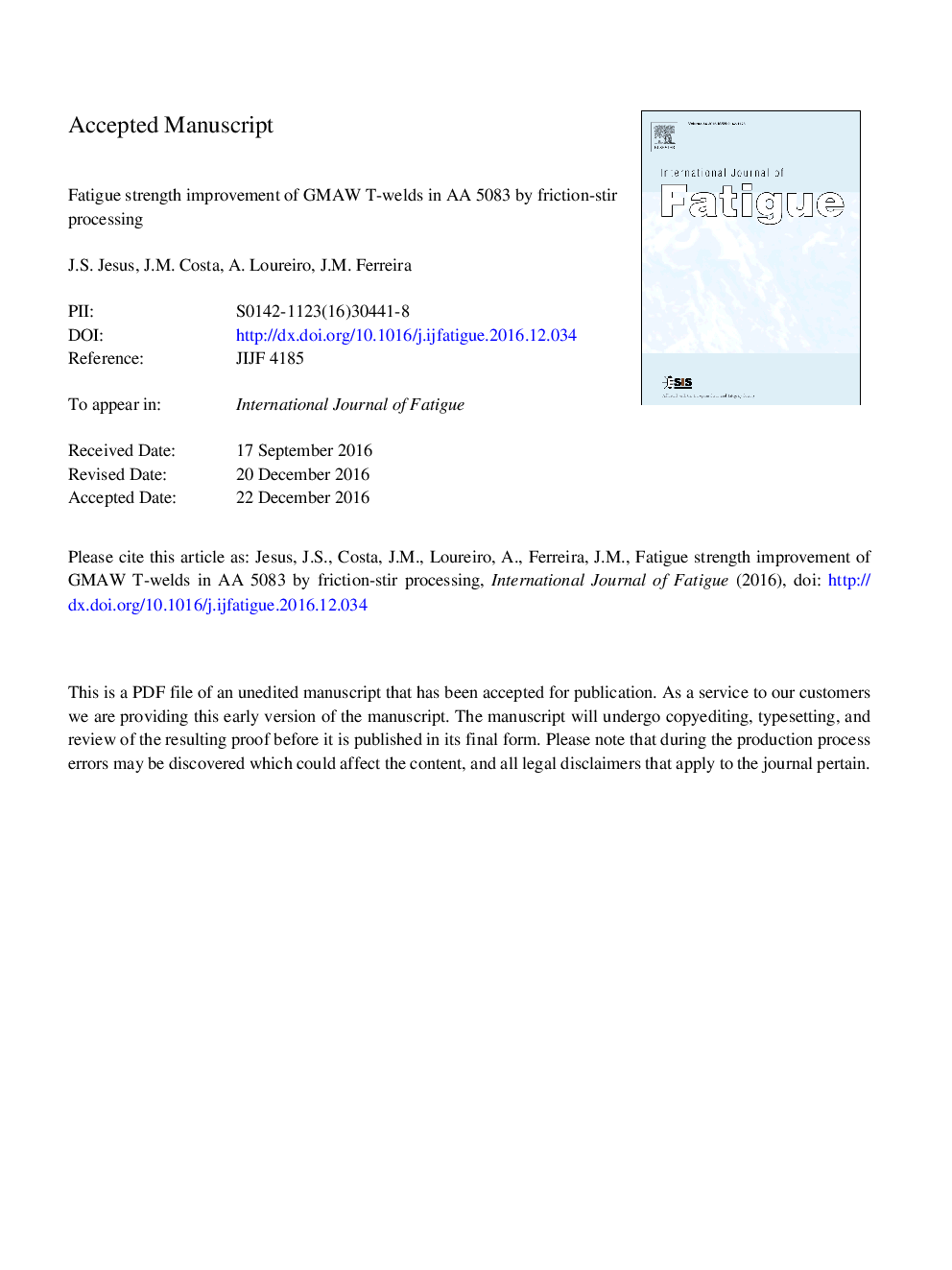 Fatigue strength improvement of GMAW T-welds in AA 5083 by friction-stir processing