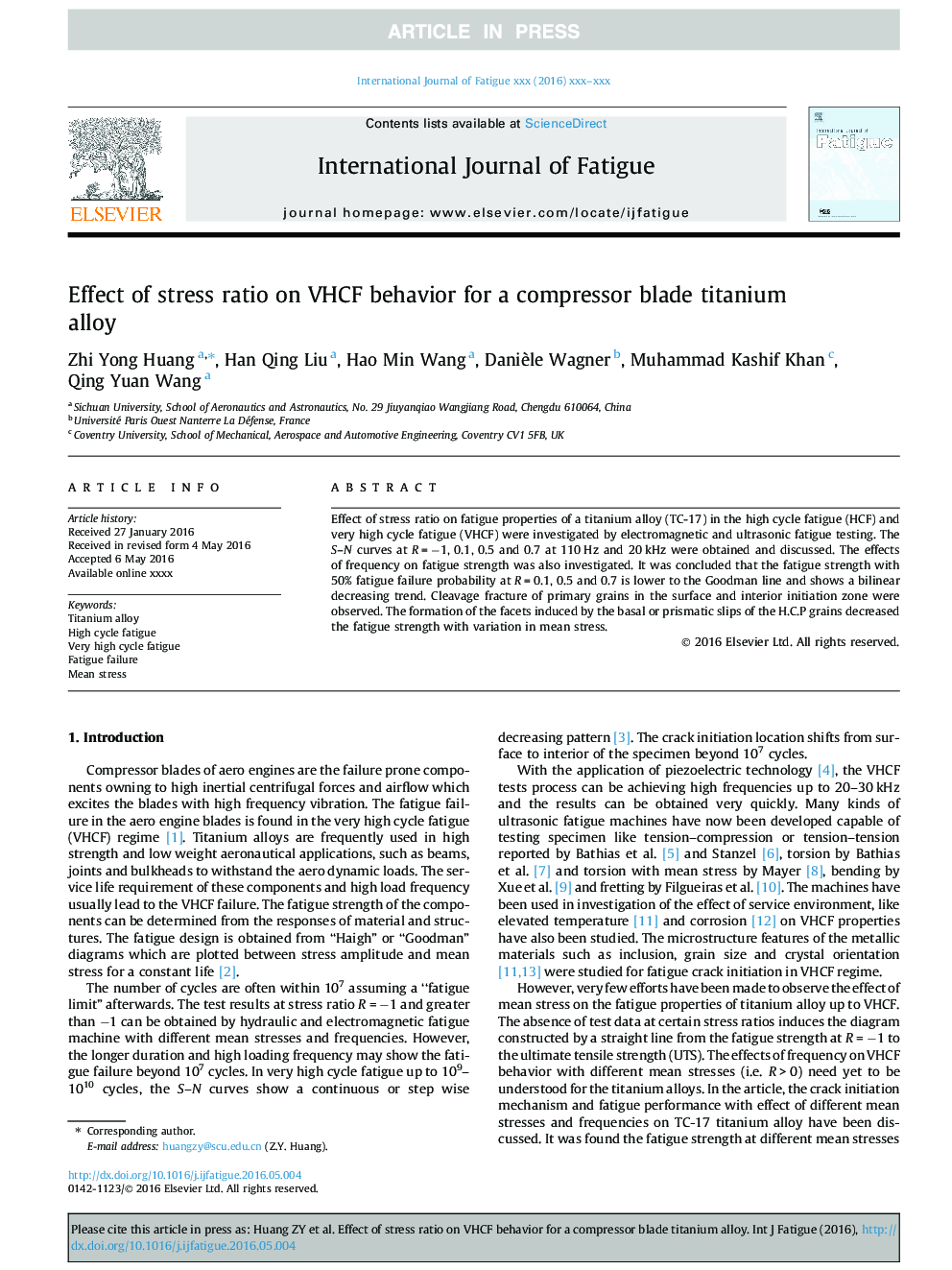 Effect of stress ratio on VHCF behavior for a compressor blade titanium alloy