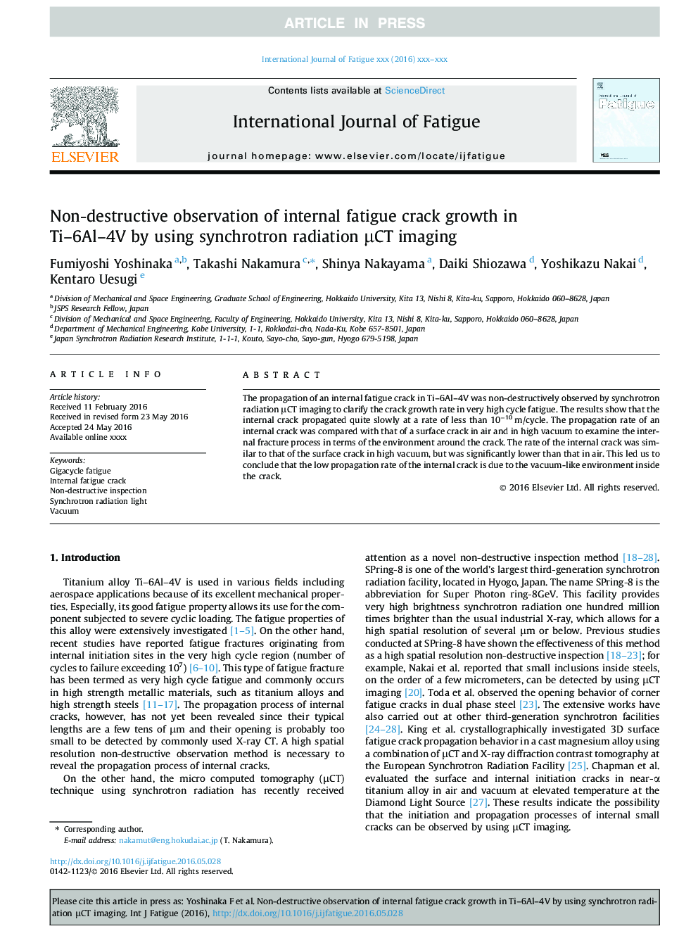 Non-destructive observation of internal fatigue crack growth in Ti-6Al-4V by using synchrotron radiation Î¼CT imaging