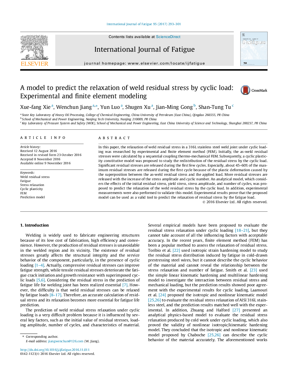 A model to predict the relaxation of weld residual stress by cyclic load: Experimental and finite element modeling