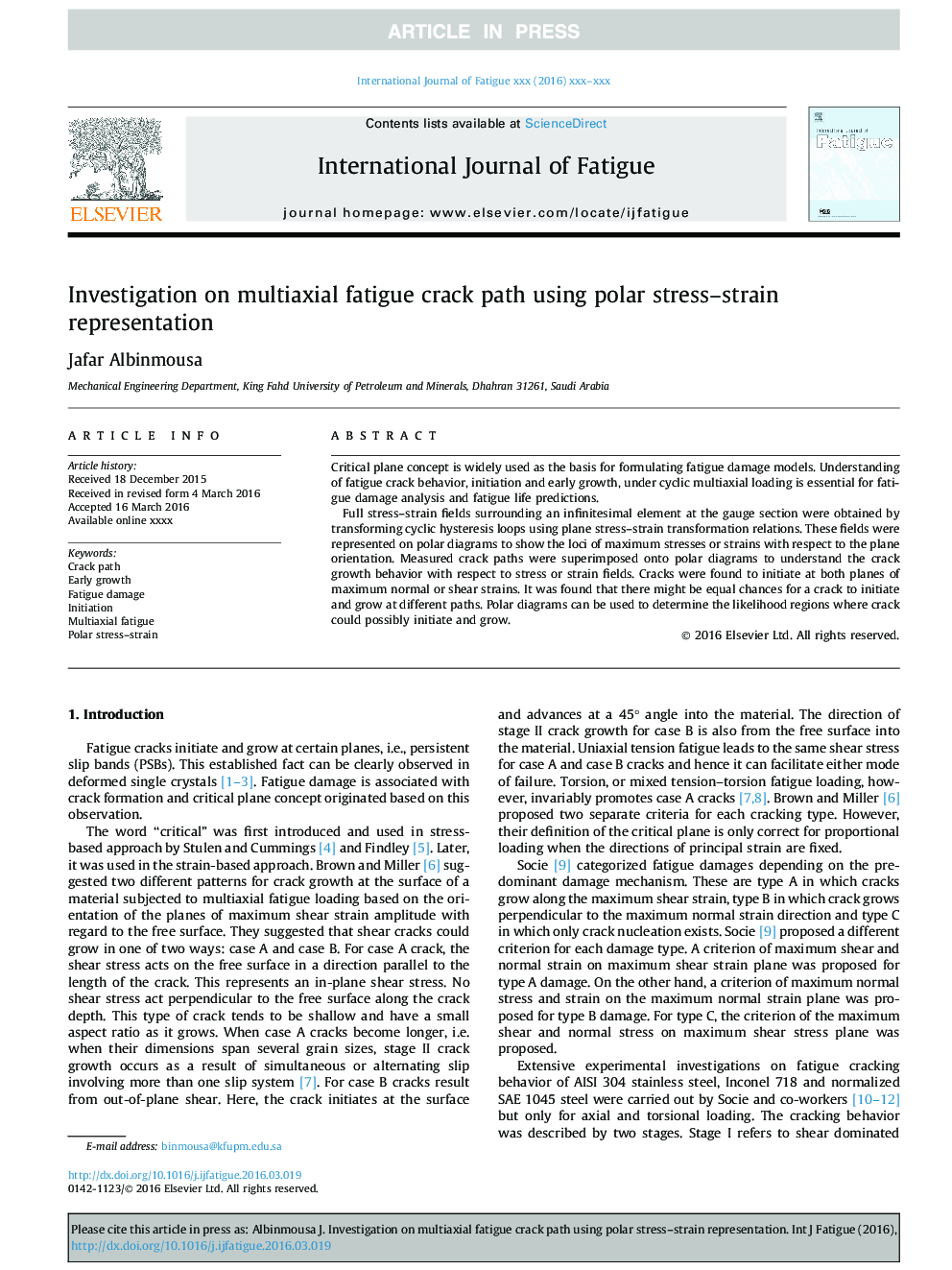 Investigation on multiaxial fatigue crack path using polar stress-strain representation