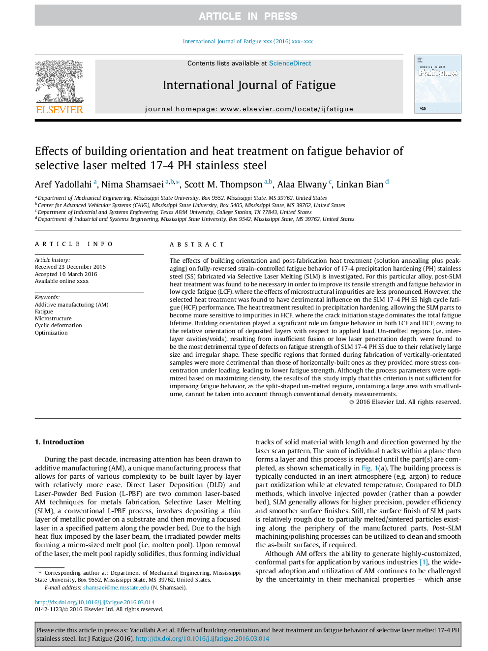 عکس صفحه اول مقاله: Effects of building orientation and heat treatment on fatigue behavior of selective laser melted 17-4 PH stainless steel Effects of building orientation and heat treatment on fatigue behavior of selective laser melted 17-4 PH stainless steel
