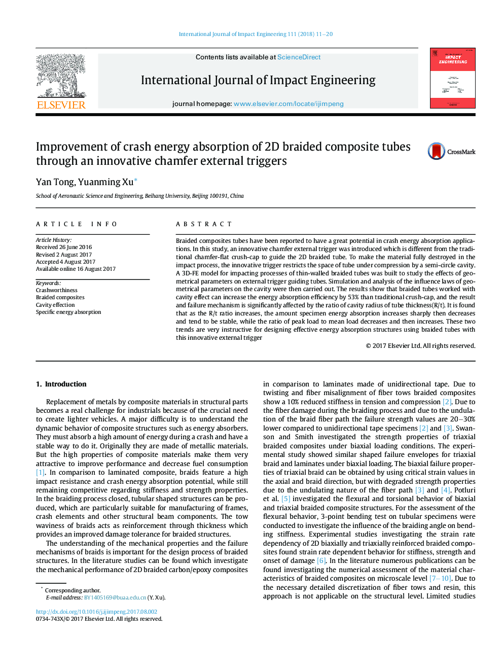 Improvement of crash energy absorption of 2D braided composite tubes through an innovative chamfer external triggers