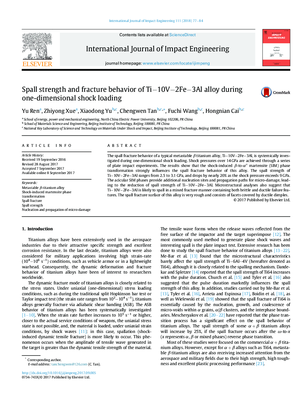 Spall strength and fracture behavior of Ti-10V-2Fe-3Al alloy during one-dimensional shock loading