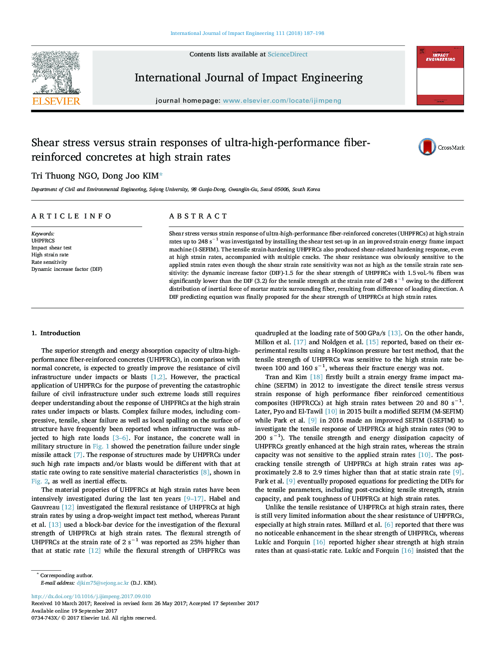 Shear stress versus strain responses of ultra-high-performance fiber-reinforced concretes at high strain rates