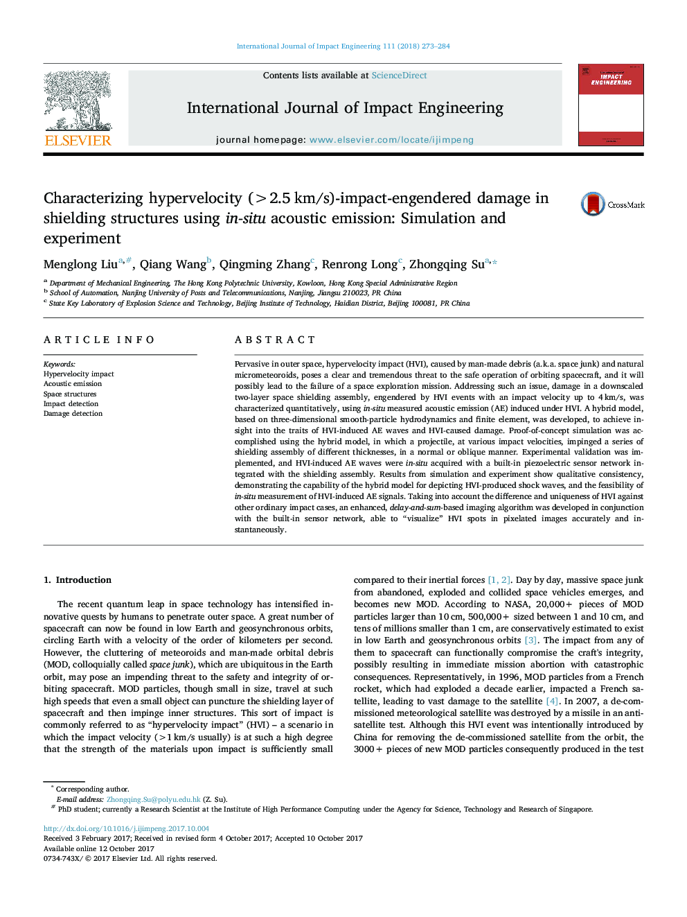 Characterizing hypervelocity (>2.5â¯km/s)-impact-engendered damage in shielding structures using in-situ acoustic emission: Simulation and experiment