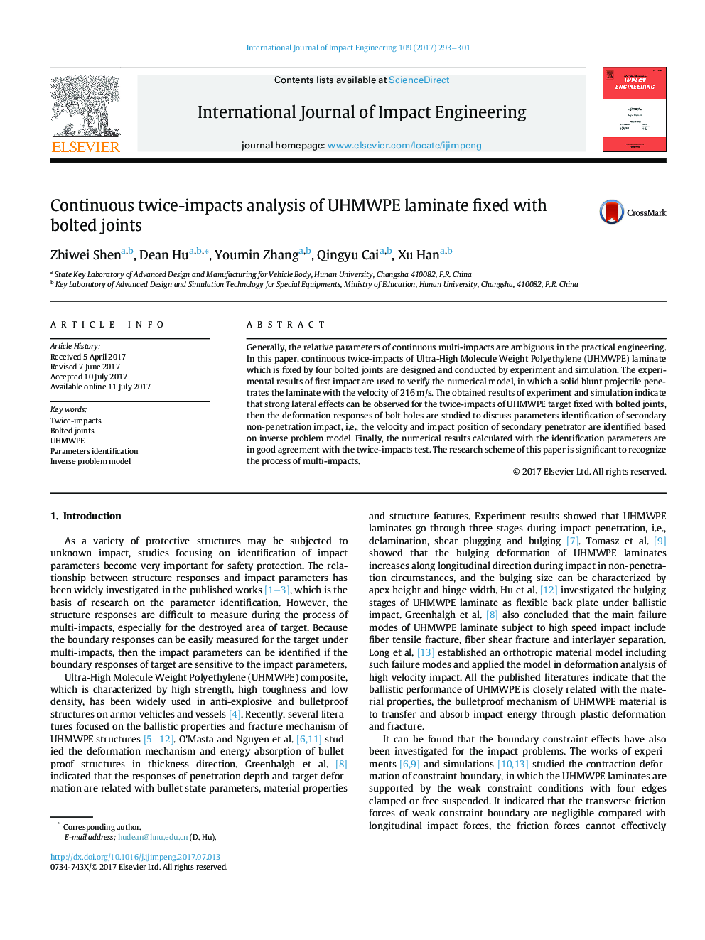 Continuous twice-impacts analysis of UHMWPE laminate fixed with bolted joints