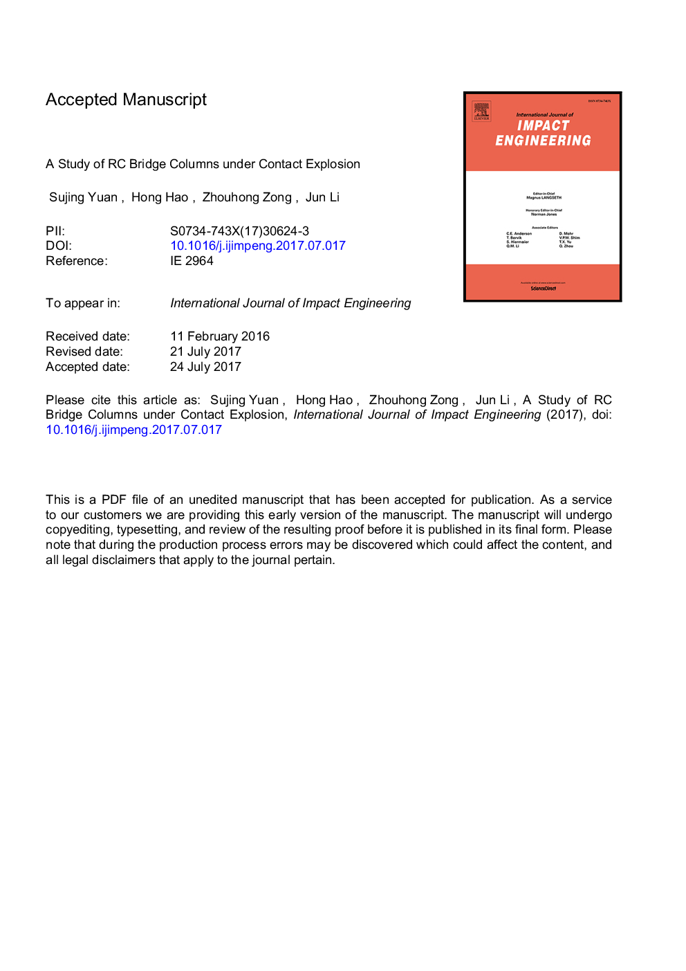 A study of RC bridge columns under contact explosion