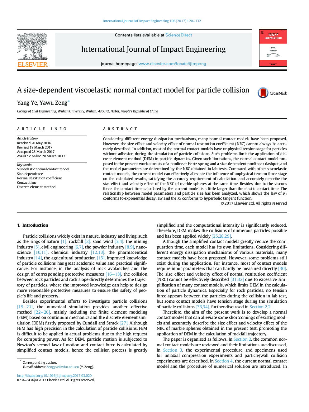 A size-dependent viscoelastic normal contact model for particle collision