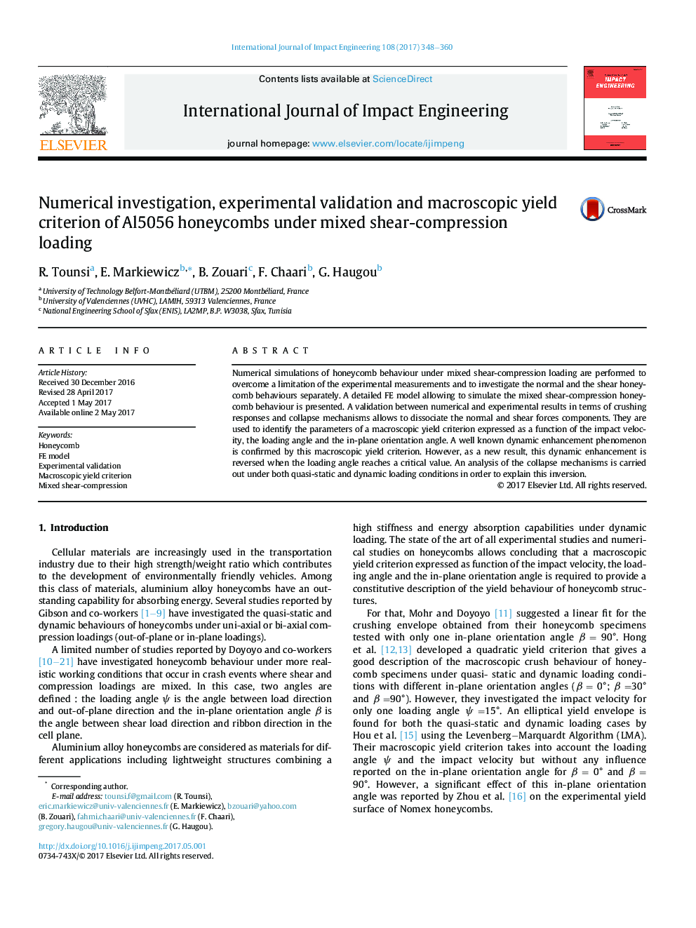 Numerical investigation, experimental validation and macroscopic yield criterion of Al5056 honeycombs under mixed shear-compression loading