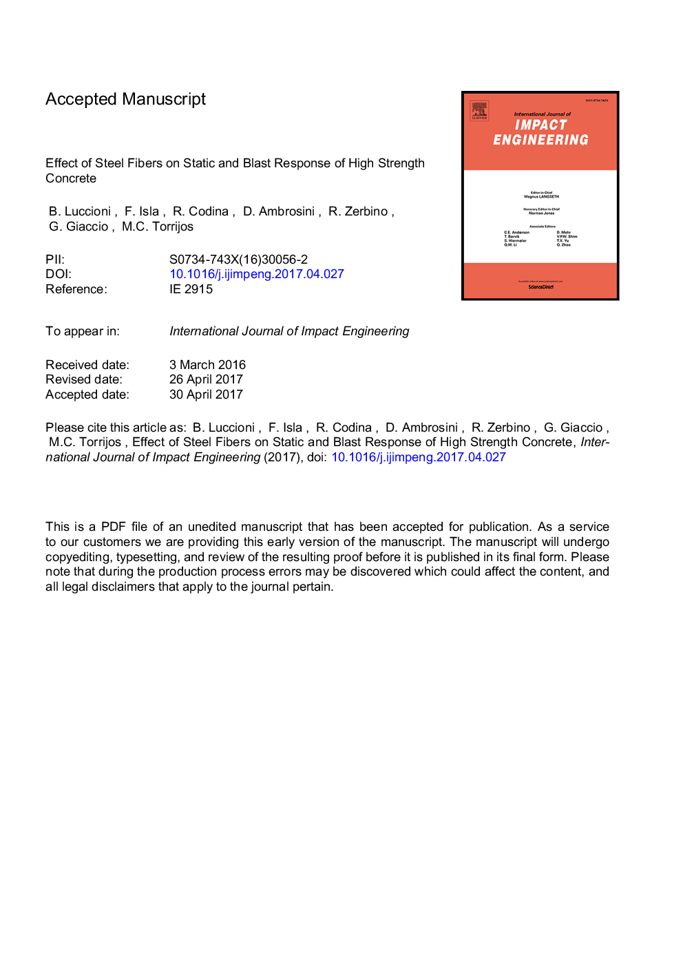 Effect of steel fibers on static and blast response of high strength concrete