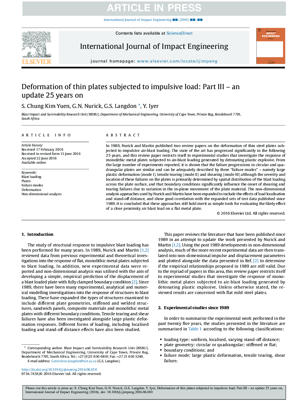 Deformation of thin plates subjected to impulsive load: Part III - an update 25 years on