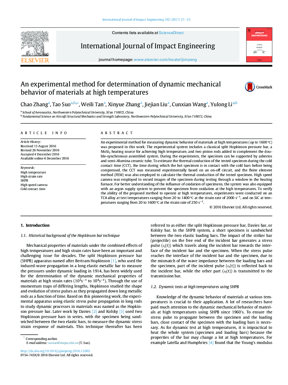 An experimental method for determination of dynamic mechanical behavior of materials at high temperatures