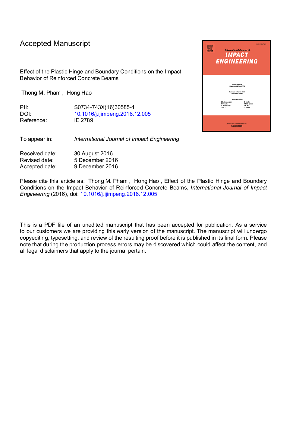 Effect of the plastic hinge and boundary conditions on the impact behavior of reinforced concrete beams