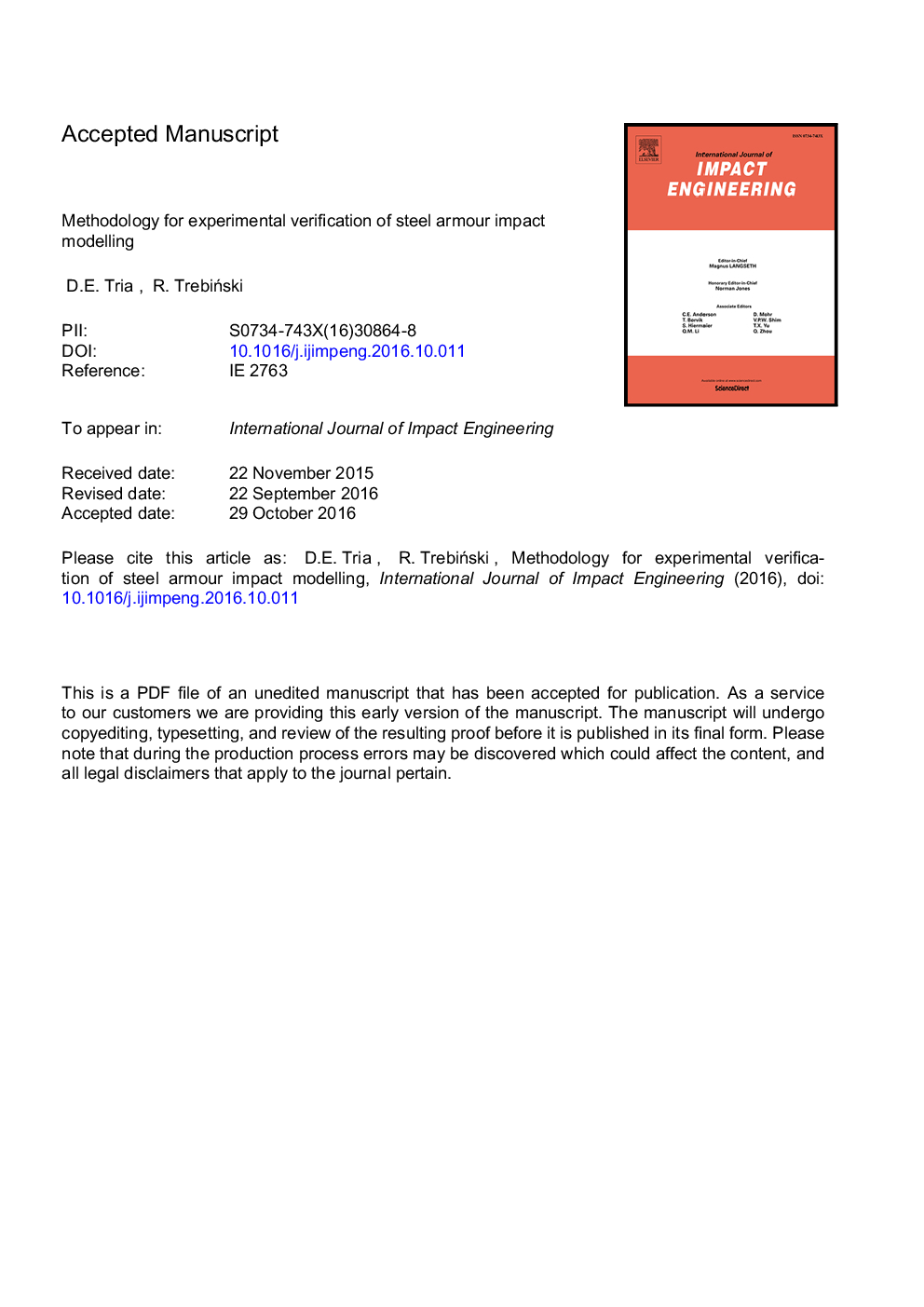 Methodology for experimental verification of steel armour impact modelling