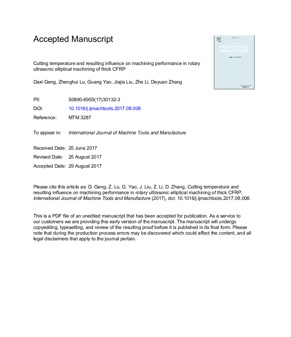 Cutting temperature and resulting influence on machining performance in rotary ultrasonic elliptical machining of thick CFRP