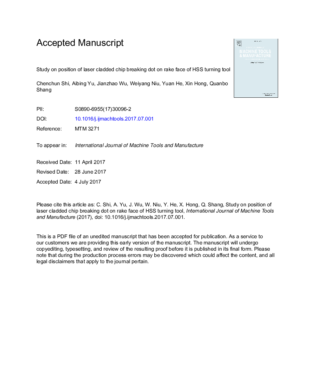 Study on position of laser cladded chip breaking dot on rake face of HSS turning tool