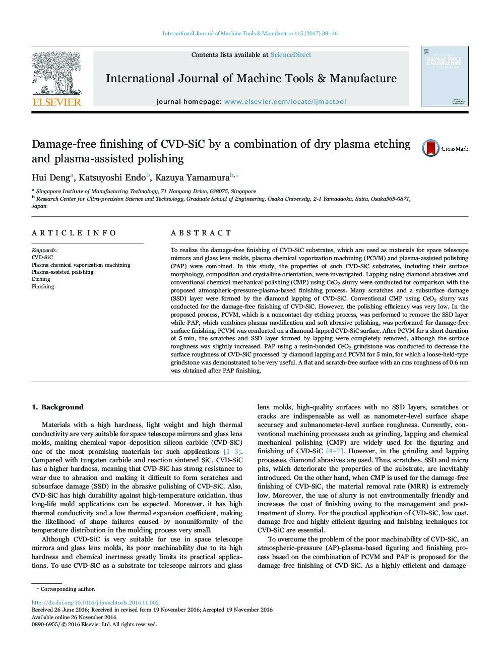 Damage-free finishing of CVD-SiC by a combination of dry plasma etching and plasma-assisted polishing