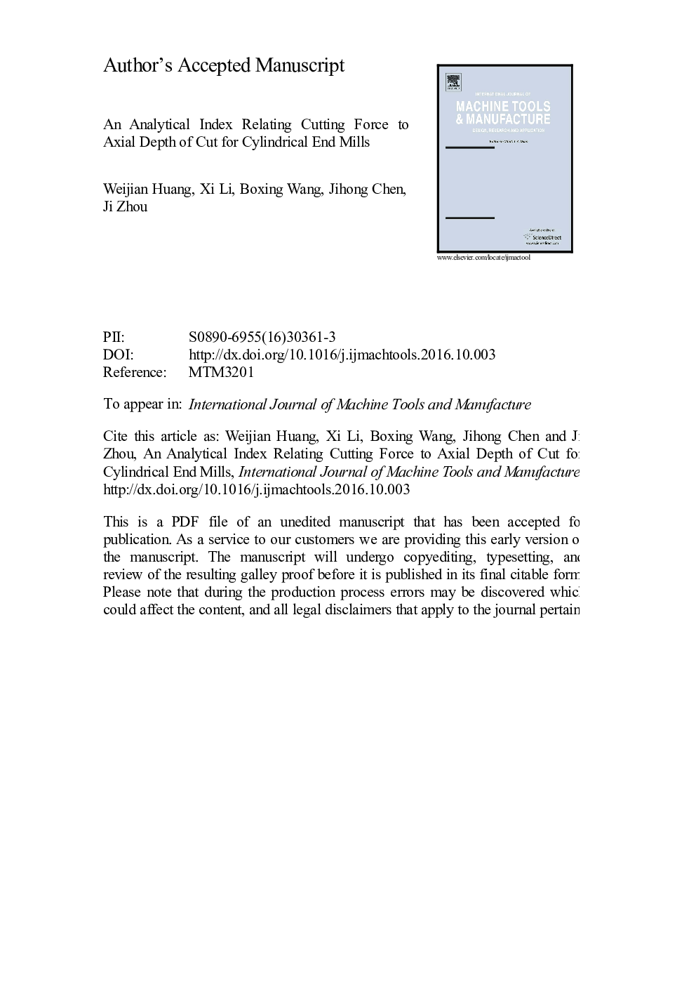 An analytical index relating cutting force to axial depth of cut for cylindrical end mills