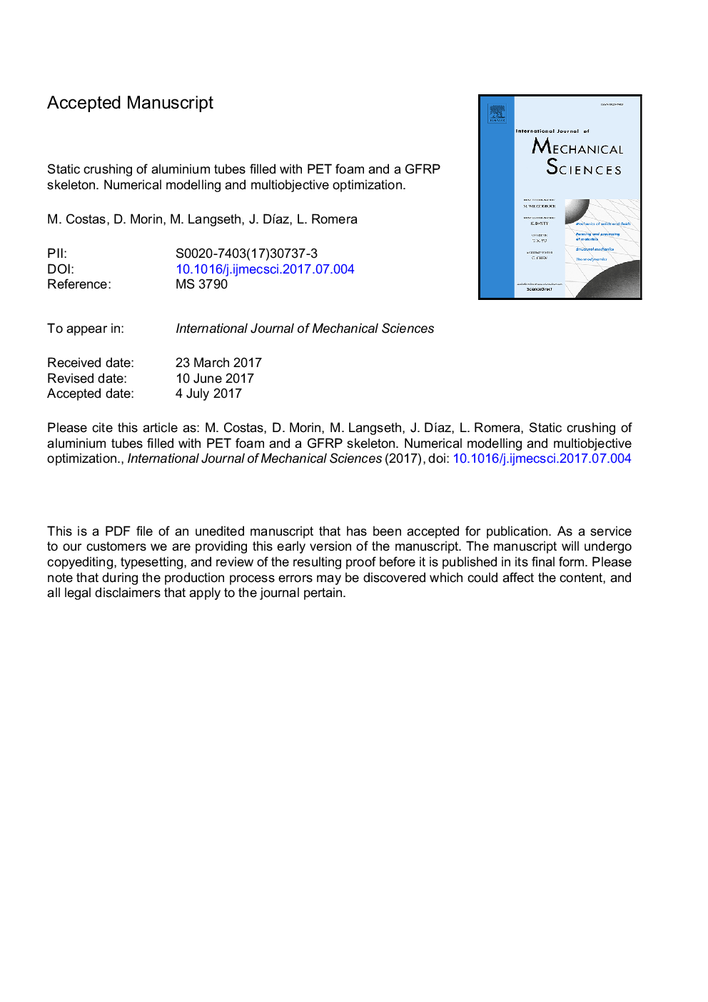 Static crushing of aluminium tubes filled with PET foam and a GFRP skeleton. Numerical modelling and multiobjective optimization