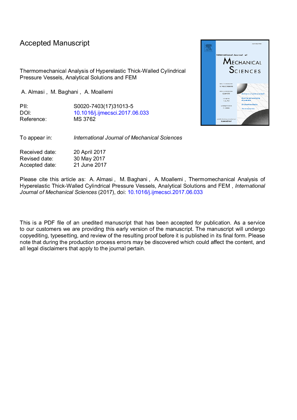 Thermomechanical analysis of hyperelastic thick-walled cylindrical pressure vessels, analytical solutions and FEM
