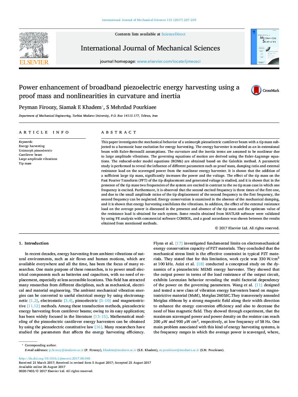 Power enhancement of broadband piezoelectric energy harvesting using a proof mass and nonlinearities in curvature and inertia