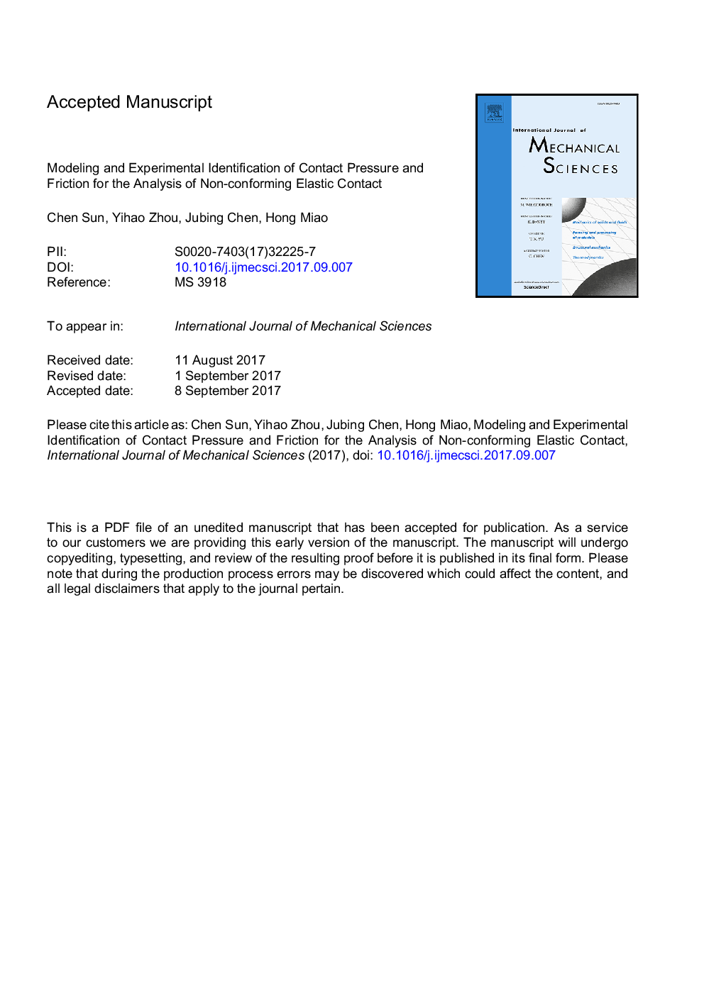 Modeling and experimental identification of contact pressure and friction for the analysis of non-conforming elastic contact