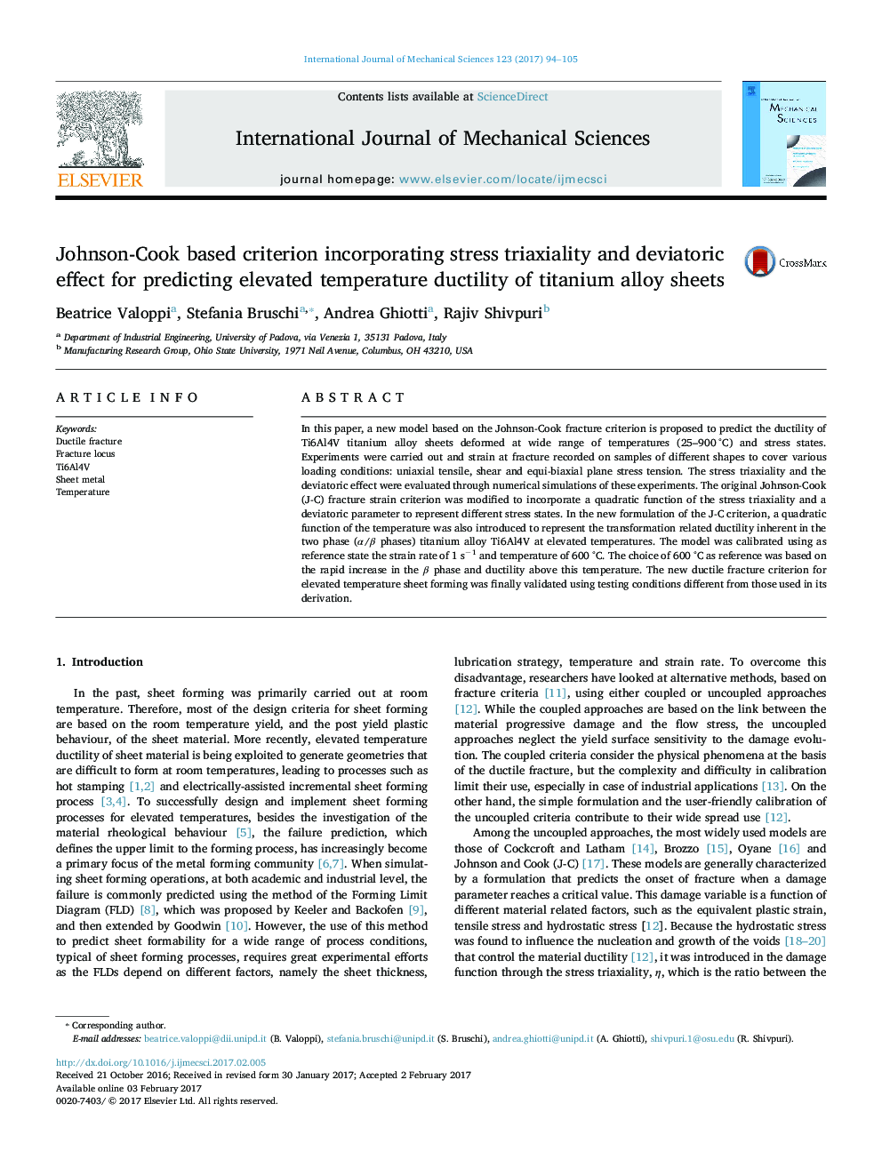 Johnson-Cook based criterion incorporating stress triaxiality and deviatoric effect for predicting elevated temperature ductility of titanium alloy sheets