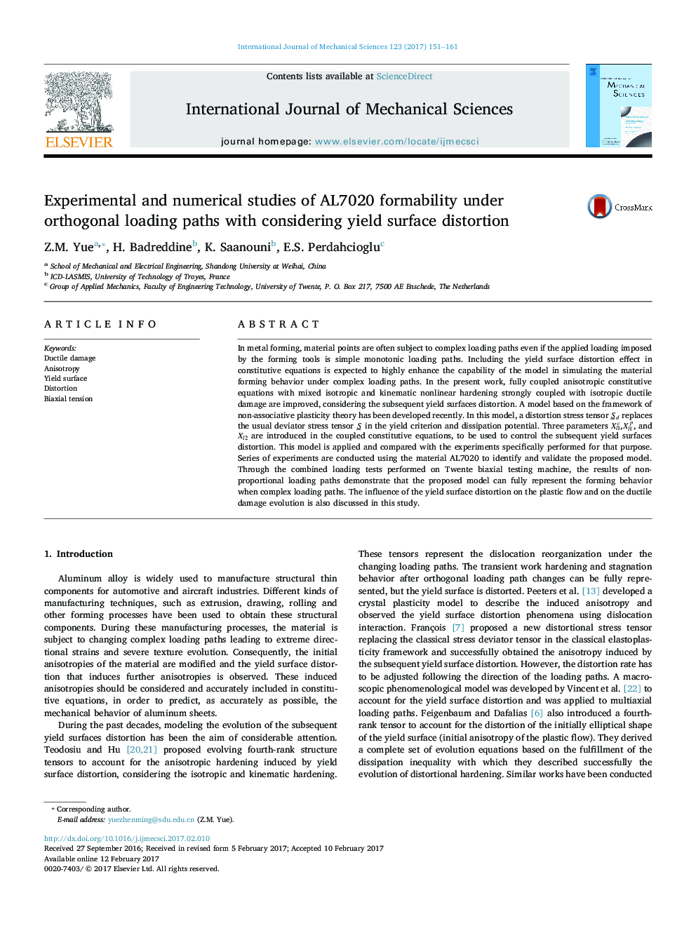 Experimental and numerical studies of AL7020 formability under orthogonal loading paths with considering yield surface distortion