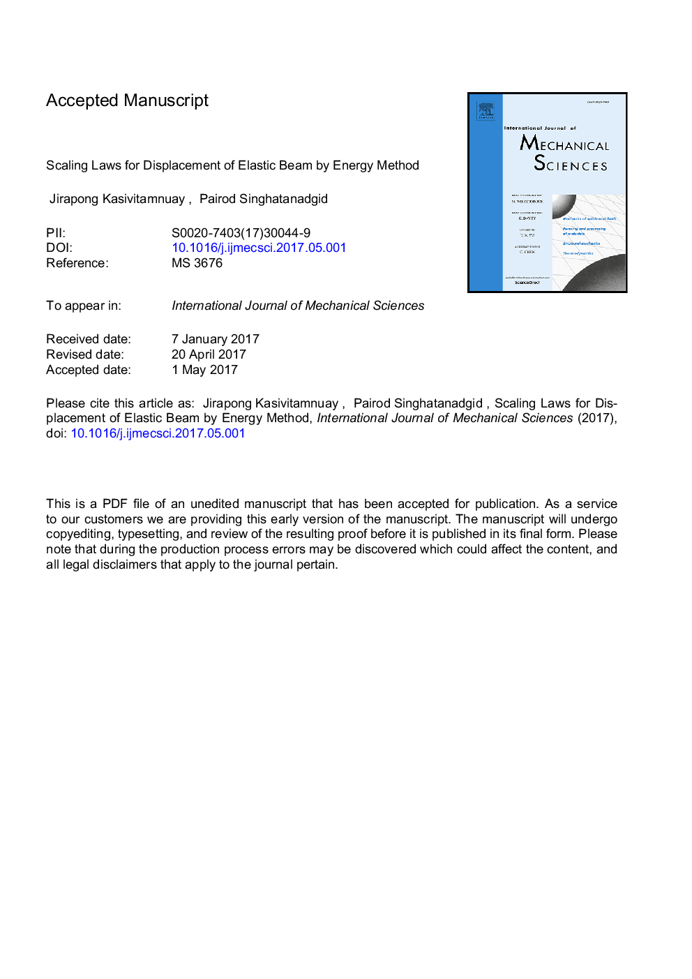 Scaling laws for displacement of elastic beam by energy method