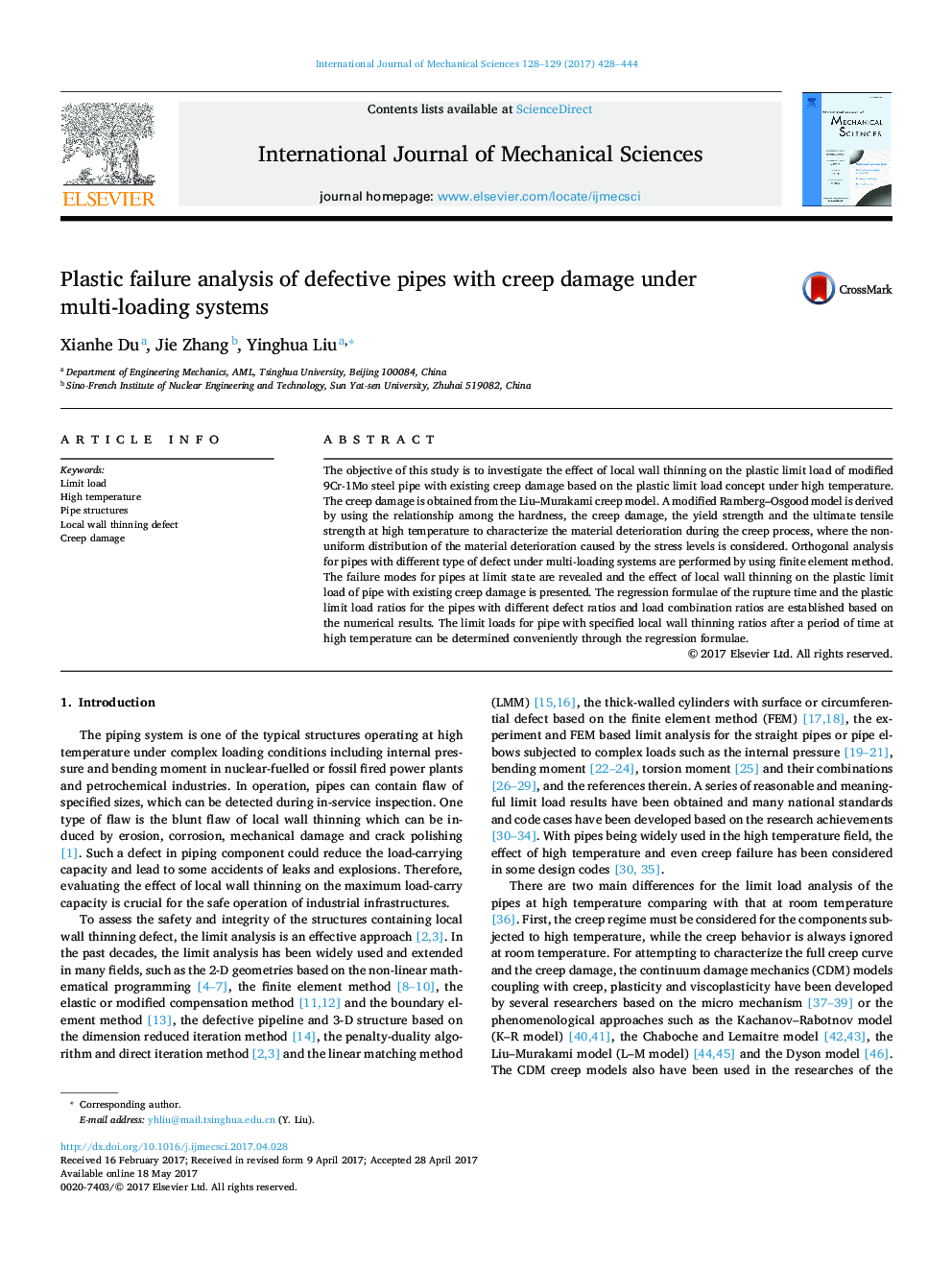 Plastic failure analysis of defective pipes with creep damage under multi-loading systems