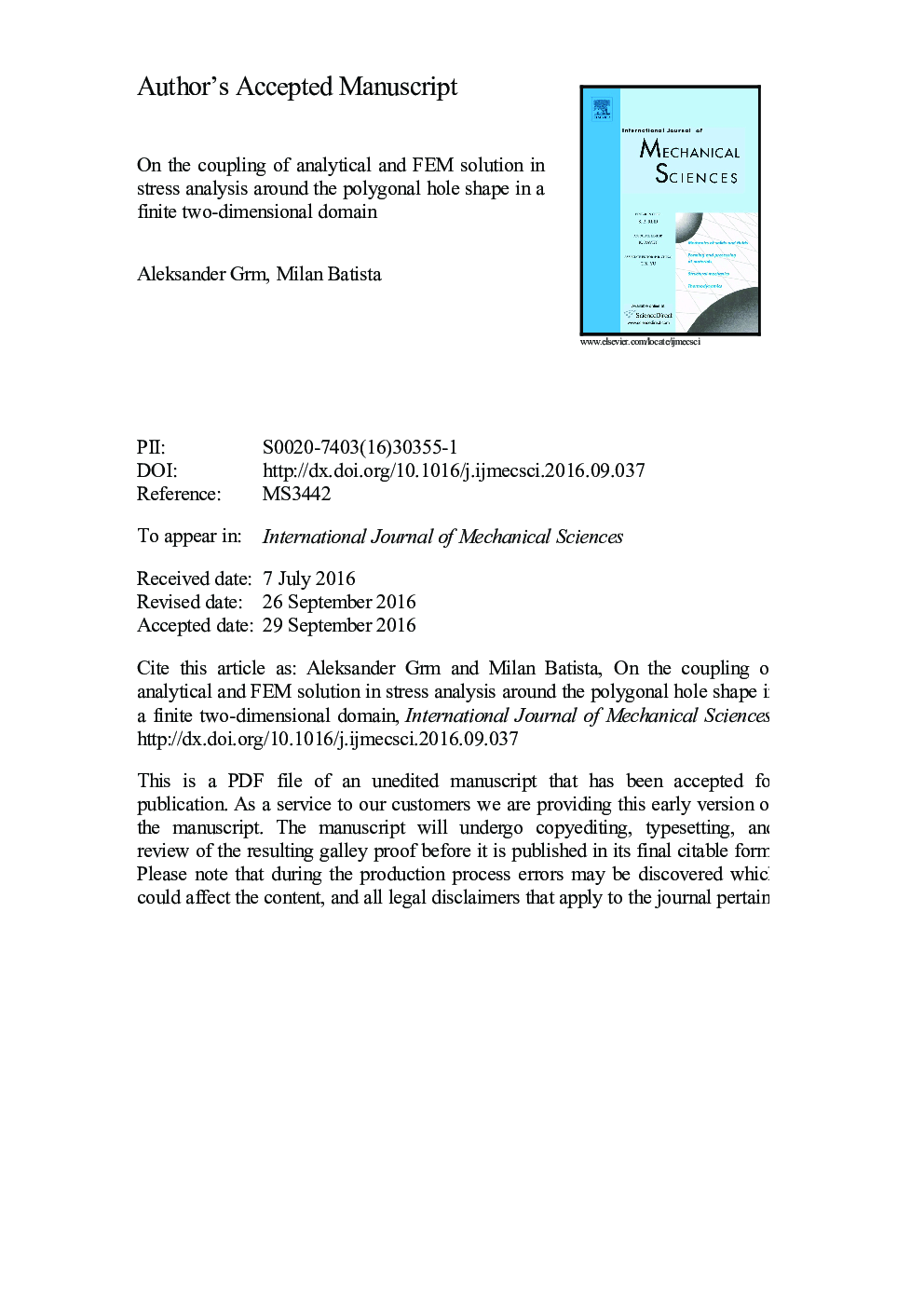 On the coupling of analytical and FEM solution in stress analysis around the polygonal hole shape in a finite two-dimensional domain