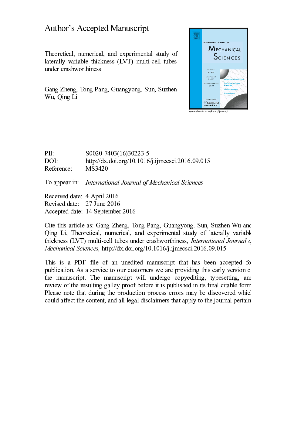 عکس صفحه اول مقاله: Theoretical, numerical, and experimental study on laterally variable thickness (LVT) multi-cell tubes for crashworthiness Theoretical, numerical, and experimental study on laterally variable thickness (LVT) multi-cell tubes for crashworthiness