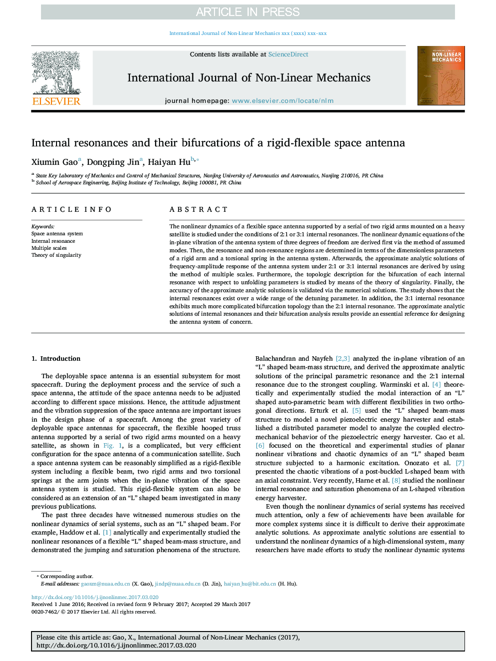 Internal resonances and their bifurcations of a rigid-flexible space antenna