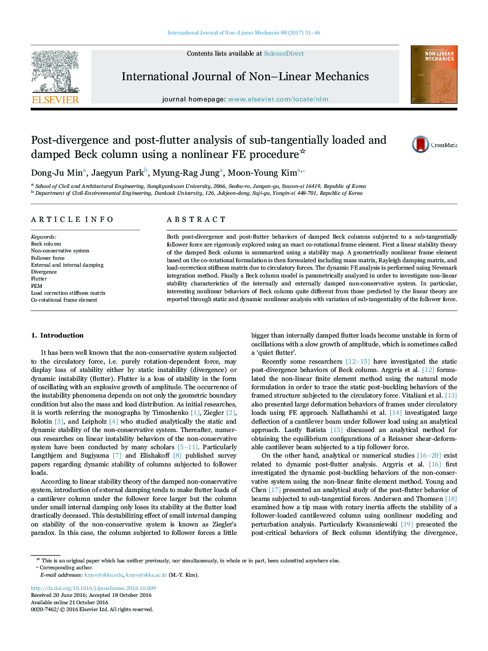 Post-divergence and post-flutter analysis of sub-tangentially loaded and damped Beck column using a nonlinear FE procedure