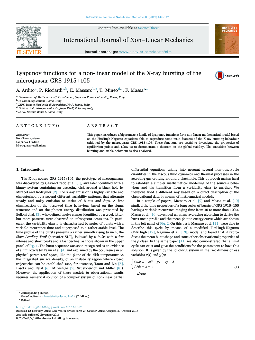 Lyapunov functions for a non-linear model of the X-ray bursting of the microquasar GRS 1915+105